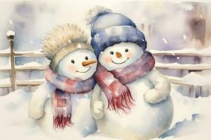 acuarela tarjeta postal con contento Pareja de muñecos de nieve en un Nevado bosque. linda personaje. ai generado foto