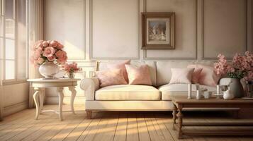 Modern cozy living room. Chabby shic style. Pastel colors. Ai generated photo