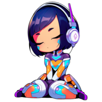 futurista robot niña vistiendo auriculares escuchando a música ai generativo png