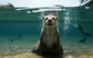 juguetón nutria buceo y salpicaduras en el claro como el cristal lago ai generado foto