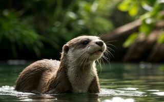 juguetón nutria buceo y salpicaduras en el claro como el cristal lago ai generado foto