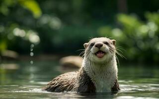 juguetón nutria buceo y salpicaduras en el claro como el cristal lago ai generado foto