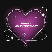 San Valentín día saludo tarjeta en y2k estética con blanco contorno tarjeta, texto saludo y rosado borroso aura resplandor en el negro antecedentes. vector ilustración.