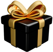 ai generato 3d nero regalo scatola con d'oro nastro arco isolato 3d rendere moderno vacanza sorpresa scatola volante realistico icona per compleanno regalo o nozze bandiera png