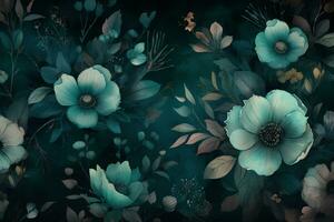 Drawing of beautiful greenish flowers with leaves on a dark emerald background. AI generated illustration. photo