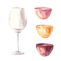 Watercolour set with drinks. Glass with white, red, rose wine in a suitable glass shape. Pour it yourself. Illustration. Drinking set for wine menu, bar, restaurant, print png