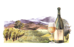 Watercolor wine label Bottle and glass of wine in front of vineyards rural landscape with grape fields, trees, hills and mountains Winemaking farm. Hand draw illustration png
