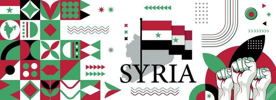 Syria national or independence day banner for Syrian celebration. Flag and map of Sirya with raised fists. Modern retro design with typorgaphy abstract geometric icons. Vector illustration.