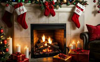 acogedor Navidad víspera regalos, abierto fuego, Navidad decoraciones, festivo atmósfera ai generado foto