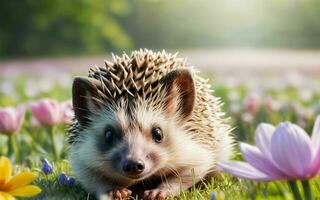 Spring's Darling Hedgehog Among Flowers ai generated photo