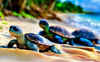 The Incredible Journey Turtles Embarking on a Coastal Adventure ai generated photo