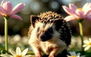 Spring's Darling Hedgehog Among Flowers ai generated photo