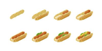 Step by step construction of a hot dog from plastic blocks. Vector