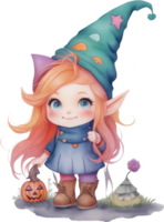 ai gegenereerd waterverf heks gnoom groovy clip art bundel schattig magie halloween fantasie kawaii witchy magisch pompoenen hand getekend kind png