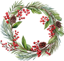 ai gegenereerd waterverf Kerstmis krans clip art hulst bessen dennenappels boho groen grens winter vrolijk Kerstmis png