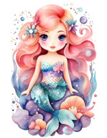Ai Generated Mermaids Nursery Watercolor Clipart, Underwater Dolphin Sea girls Kawaii, Cute Kids Pastel Planner Stickers png