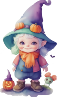 ai genererad vattenfärg häxa gnome häftig ClipArt bunt söt magi halloween fantasi söt trollhårig magisk pumpor ritad för hand unge png