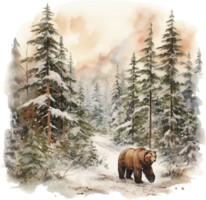 ai generato acquerello bosco inverno boschi clipart foresta alce americano orso montagna campeggio pino alberi scena nevoso allegro Natale png