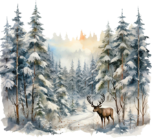 ai generiert Aquarell Wald Winter Wald Clip Art Wald Elch Bär Berg Camping Kiefer Bäume Szene schneebedeckt fröhlich Weihnachten png