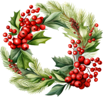 ai généré aquarelle Noël couronne clipart houx baies pommes de pin boho verdure frontière hiver joyeux Noël png