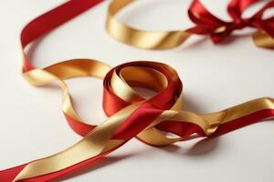 gold and red ribbon on the white surface. Generative AI photo