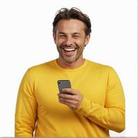 contento sonriente hombre utilizando teléfono en blanco antecedentes. generativo ai foto