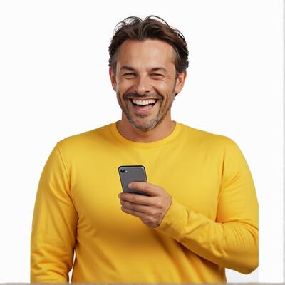 happy smiling man using phone on white background. Generative ai