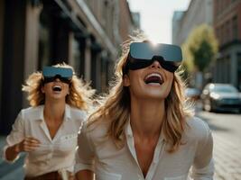 excited women wearing vr glasses. AI Generative photo