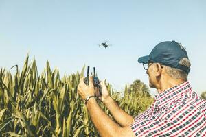 modern technological farmer analyzing the growth of corn by flying a drone photo