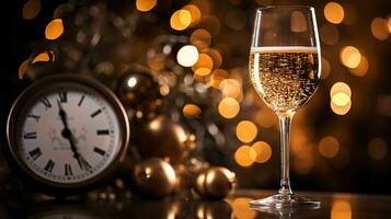 ai generative  New years eve champagne with bokeh light and clock photo