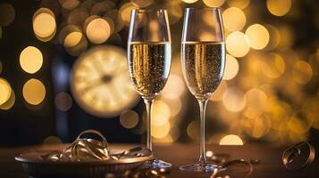 ai generative  New years eve champagne with bokeh light and clock photo