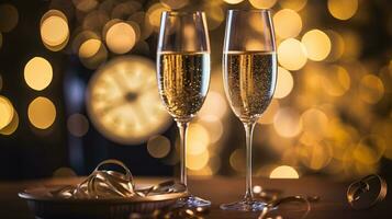 ai generative  New years eve champagne with bokeh light and clock photo