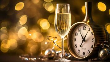 ai generative  New years eve champagne with bokeh light and clock photo