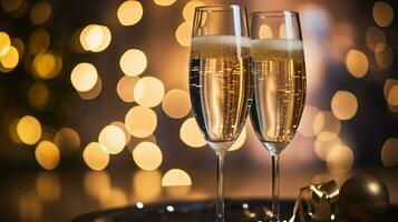 ai generative  New years eve champagne with bokeh light and clock photo