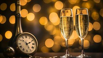 ai generative  New years eve champagne with bokeh light and clock photo