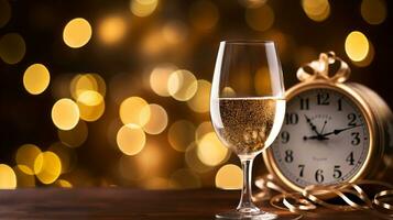 ai generative  New years eve champagne with bokeh light and clock photo