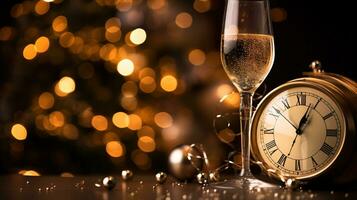 ai generative  New years eve champagne with bokeh light and clock photo