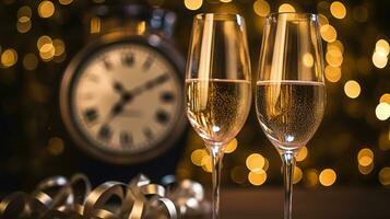 ai generative  New years eve champagne with bokeh light and clock photo