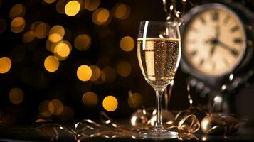 ai generative  New years eve champagne with bokeh light and clock photo