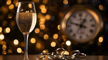 ai generative  New years eve champagne with bokeh light and clock photo