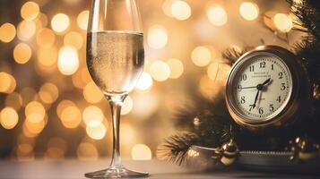 ai generative  New years eve champagne with bokeh light and clock photo