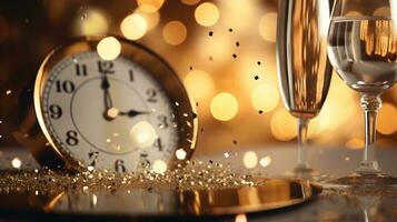 ai generative  New years eve champagne with bokeh light and clock photo