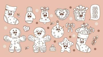 Christmas retro cartoon characters. Gingerbread man, Xmas sock, glove, ball, bell, gift and more. 60 -70s vibes sticker set in trendy groovy hippie style. outline linear drawing. vector