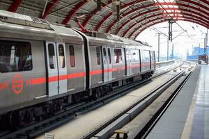 nuevo Delhi India - agosto 10 2023 - Delhi metro tren llegando a jhandewalan metro estación en nuevo Delhi, India, Asia, público metro partiendo desde jhandewalan estación foto