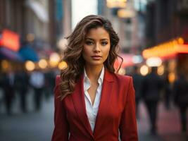 young business women in red suit standing in city. Generative AI photo