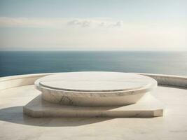 White marble podium with sea view on background Generative ai photo