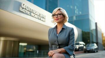 beautiful business women standing outside building. Generative ai photo