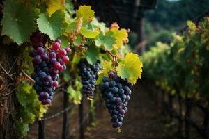a fresh grapes farm, black grapes. Generative AI photo