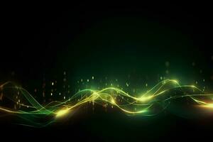 Abstract futuristic background with green and yellow neon lines. The musical wave. AI generated illustration. photo