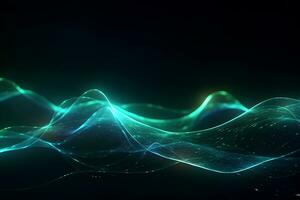 Abstract futuristic background with green and yellow neon lines. The musical wave. AI generated illustration. photo